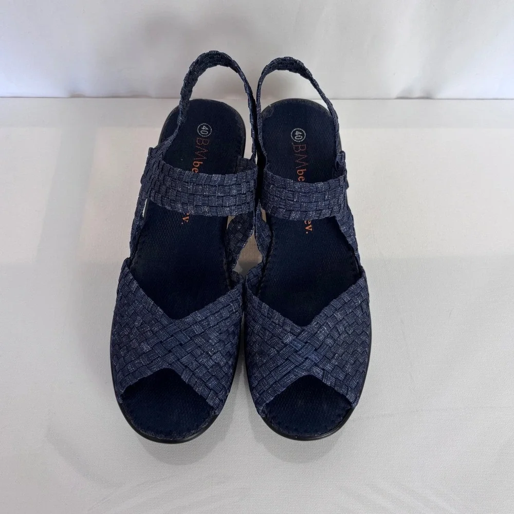 Bernie Mev Womens Lulia Navy Blue Woven Elastic Wedge Sandals Size 40 EU 9 US